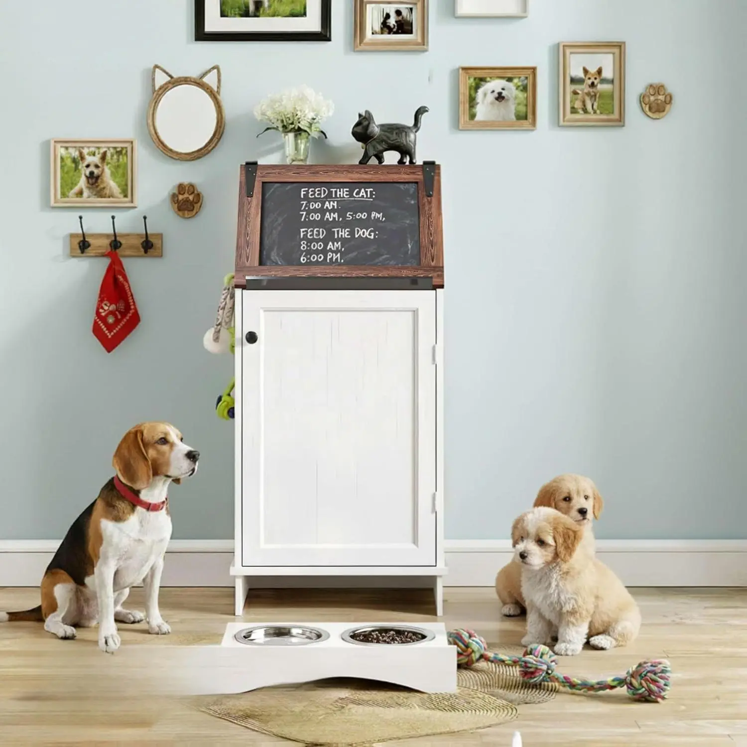 Summervibes Dog Feeding Station with Storage, Dog Food Cabinet with 2 Hidden Feeding Bowls, Flip-Top Pet Storage Cabinet, Pet Food Holder, White Grain