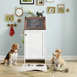 Dog Feeding Station with Storage, Dog Food Cabinet with 2 Hidden Feeding Bowls, Flip-Top Pet Storage Cabinet, Pet Food Holder, White Grain