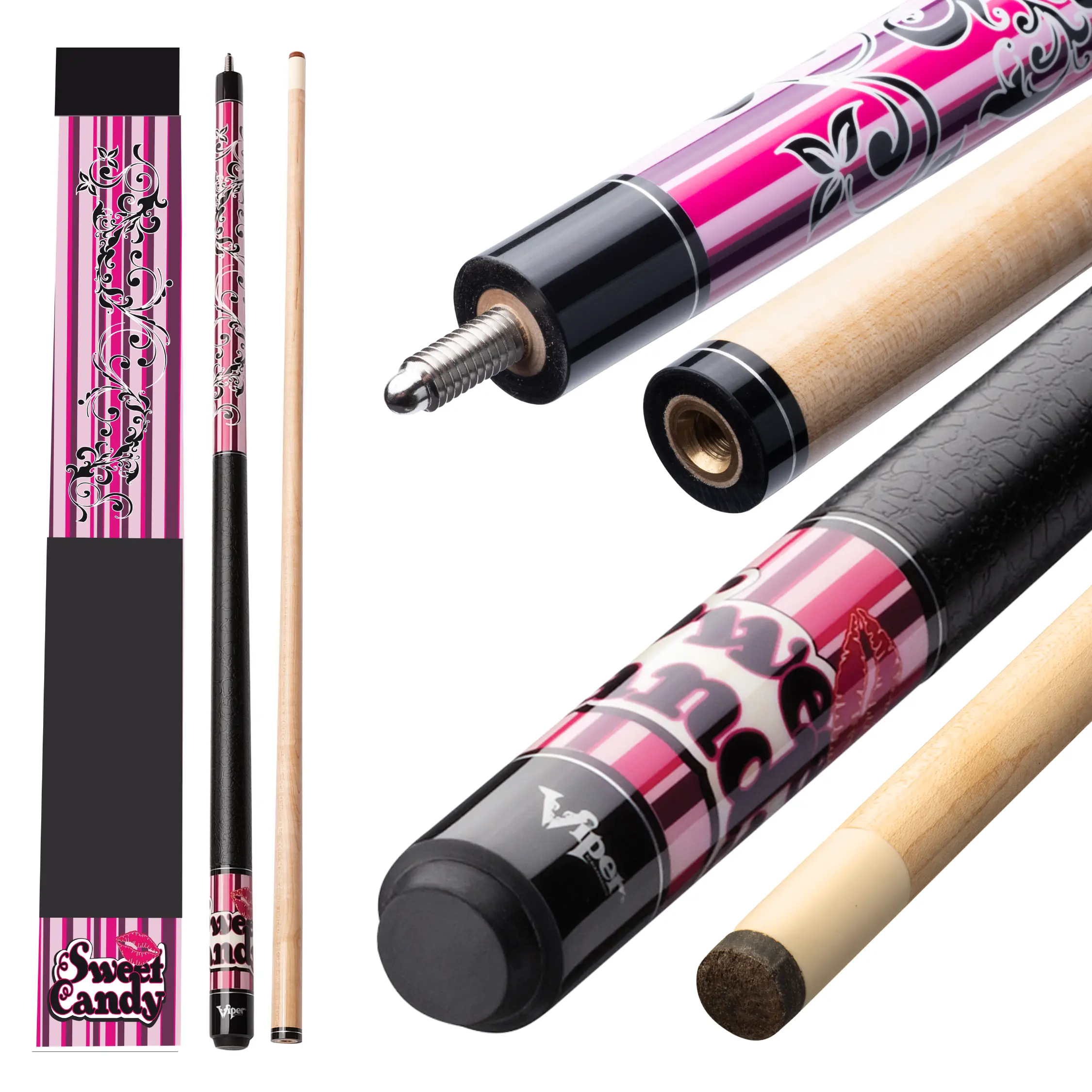 Professional Billiard Cue Sticks with Sweet Candy Graphic, Durable Maple Wood Shaft with Pro Taper, Adjustable Weight, and Layered Leather Tip, Pool Cue