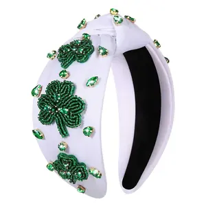 St. Patrick's Day Rhinestone Green Headband for Women, Fashionable Hand-Sewn Beaded Clover Irish Festival Hair Accessory