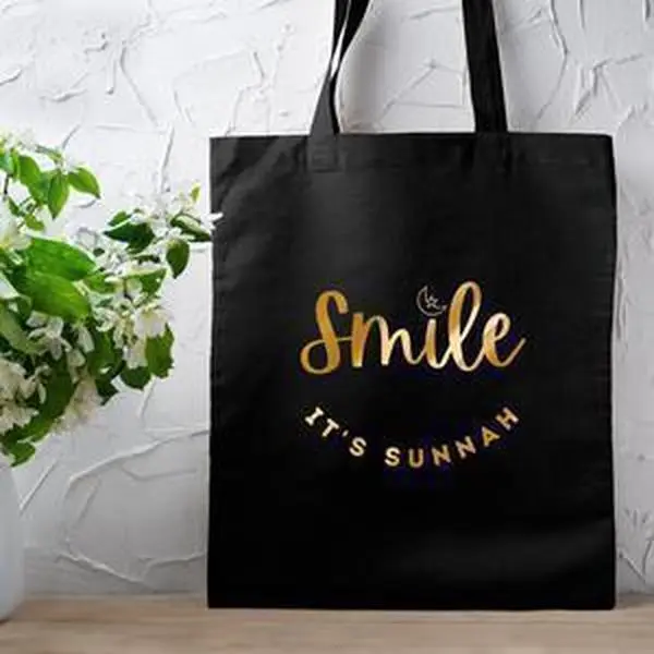Smile It's Sunnah Tote Bag by Humraha | Desi Arab Muslim Fashion Apparel Gifts for Ramadan Eid Nikkah Wedding Couples Families New Moms Aunts Uncles Grandparents | Pakistan India Bangladesh Palestine Lebanon Egypt Syria