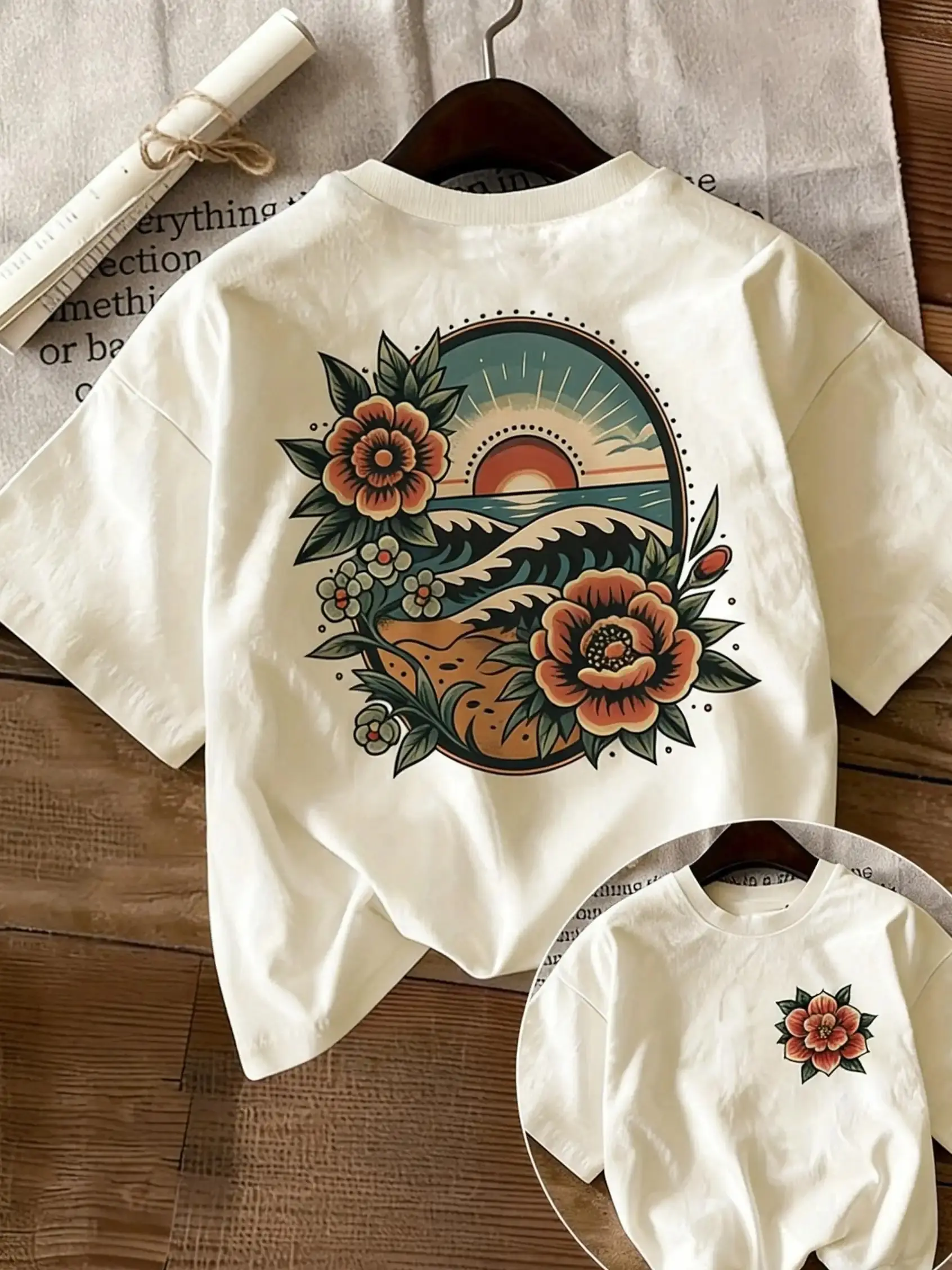 Women’s Cotton Printed T-Shirt - Oversized Relaxed Fit, Sunset Floral Vintage Artistic Design, Soft Breathable Fabric, Short Sleeve Crewneck Apparel for Spring Summer Casual Streetwear Aesthetic, Unisex, Short Sleeves, Lady