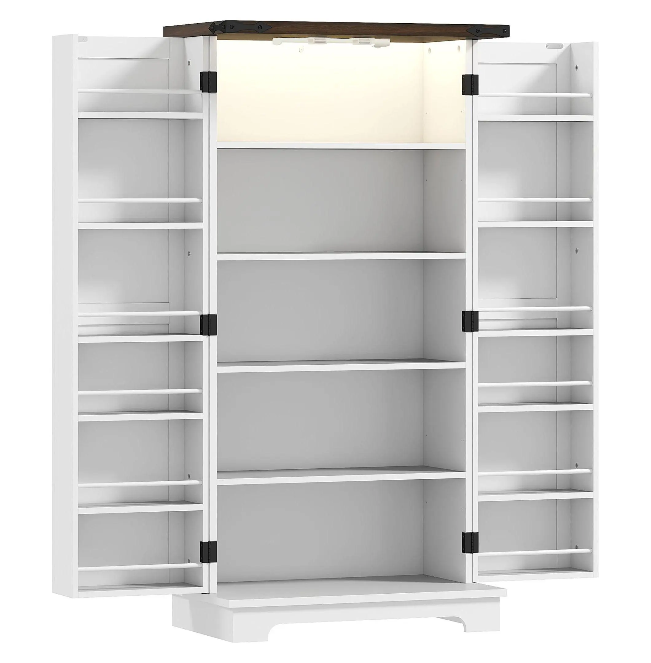 47" Rectangular White Farmhouse Free Standing Kitchen Pantry Cabinet with LED Light, Adjustable Shelves, Barn Door, Door Storage