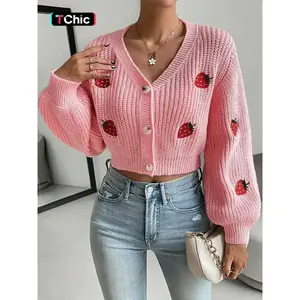 Women's Strawberry Embroidery Button Front Crop Cardigan, Casual Drop Shoulder Long Sleeve V Neck Knitwear for Fall & Winter, Fashion Ladies' Knit Clothing for Daily Wear，pink cardigan