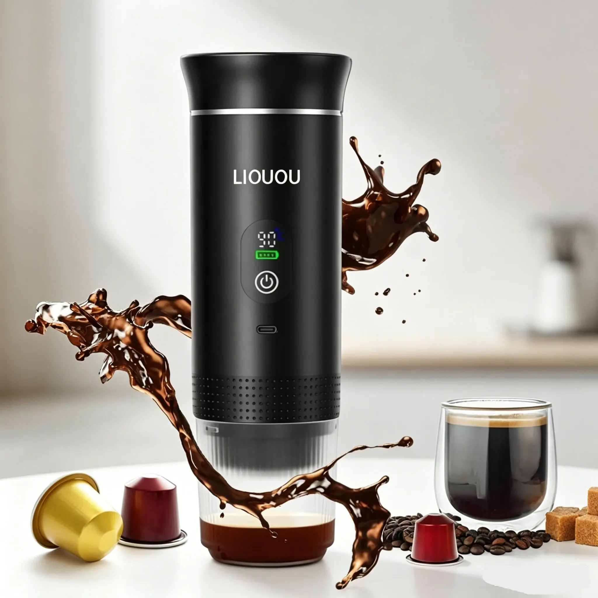 The LIOUOU 3-in-1 portable coffee machine is an espresso maker that is compatible with coffee powder and heats up quickly, making it an ideal choice for home, office, car, and travel.