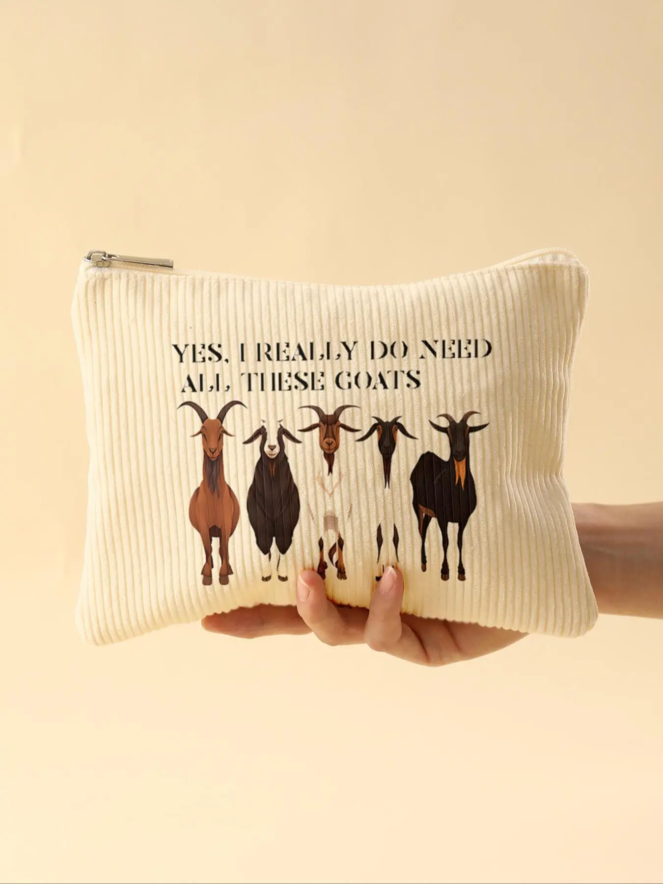 Goat Pattern Corduroy Makeup Bag, Lightweight Zipper Vanity Makeup Organizer, Multifunctional Makeup Bag for Toiletries and Accessories