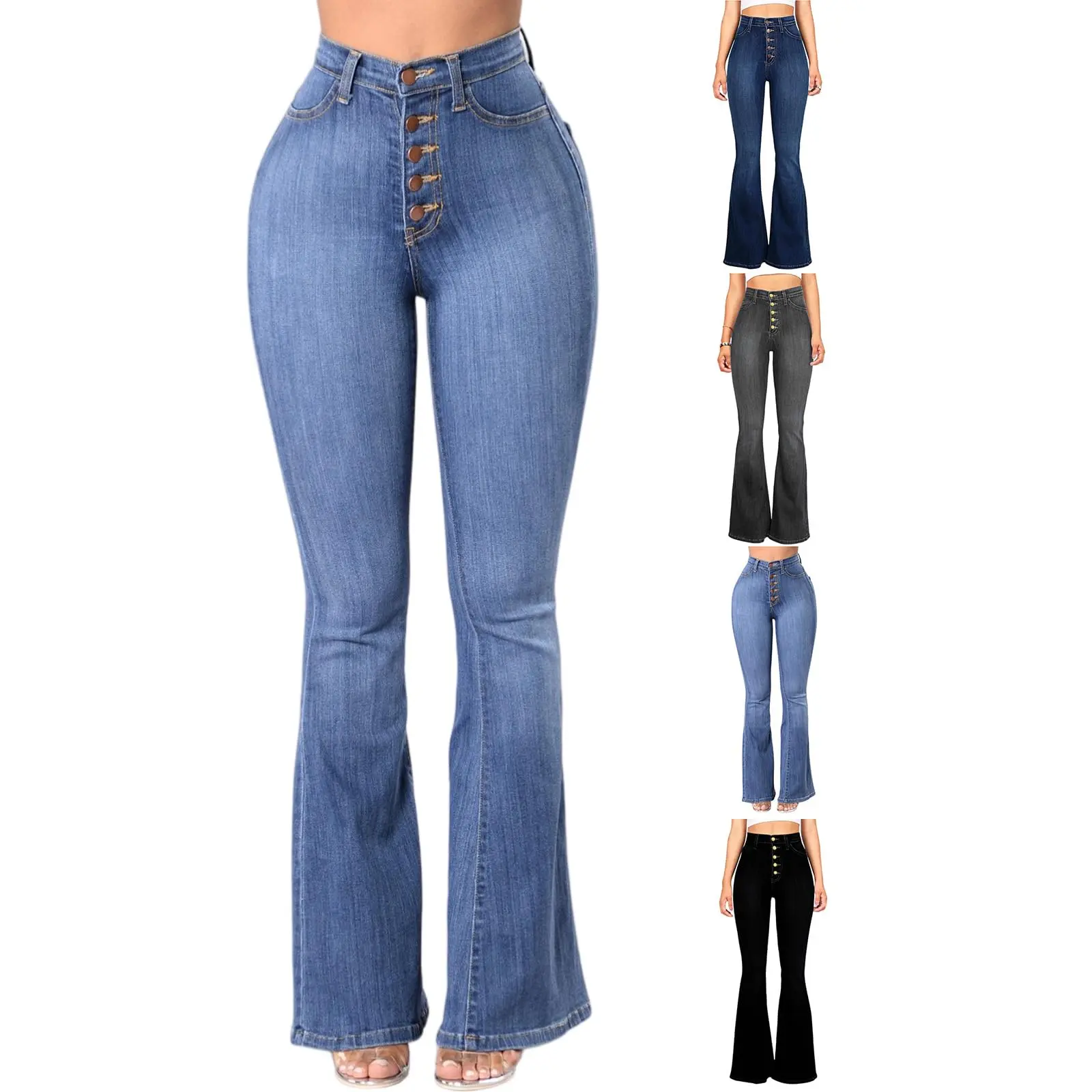 MNLYBABY Women's Flared Jeans: High-Waisted, Slim-Fit Jeans with Button-Down Flared Legs—A Classic Stretch Style