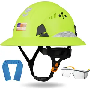 Safety Hard Hat with Visor & Cooling Towel, Full Brim Lightweight Construction Hard Hat, Adjustable Vents, 6-Point Suspension, Reflective for Visibility, Chin Strap, Comfort Fit for Work, Outdoor, Industrial Sites.