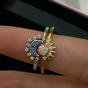 2pcs New Celestial Blue Sparkling Moon Sun Star Crystal Ring for Women Fashion Elegant Stackable Finger Band Party Jewelry Gifts