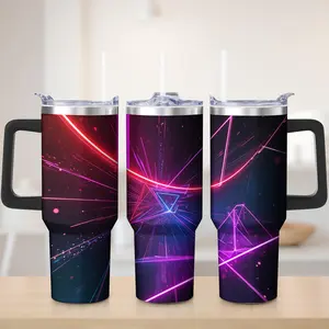Double Wall Vacuum Tumbler Purple Neon Laser Pattern With Geometric Design For Outdoor Camping Hiking And Nature Adventures