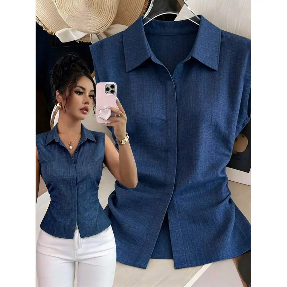 Women's Summer Lapel Sleeveless Fitted Asymmetrical Hem Casual Blouse
