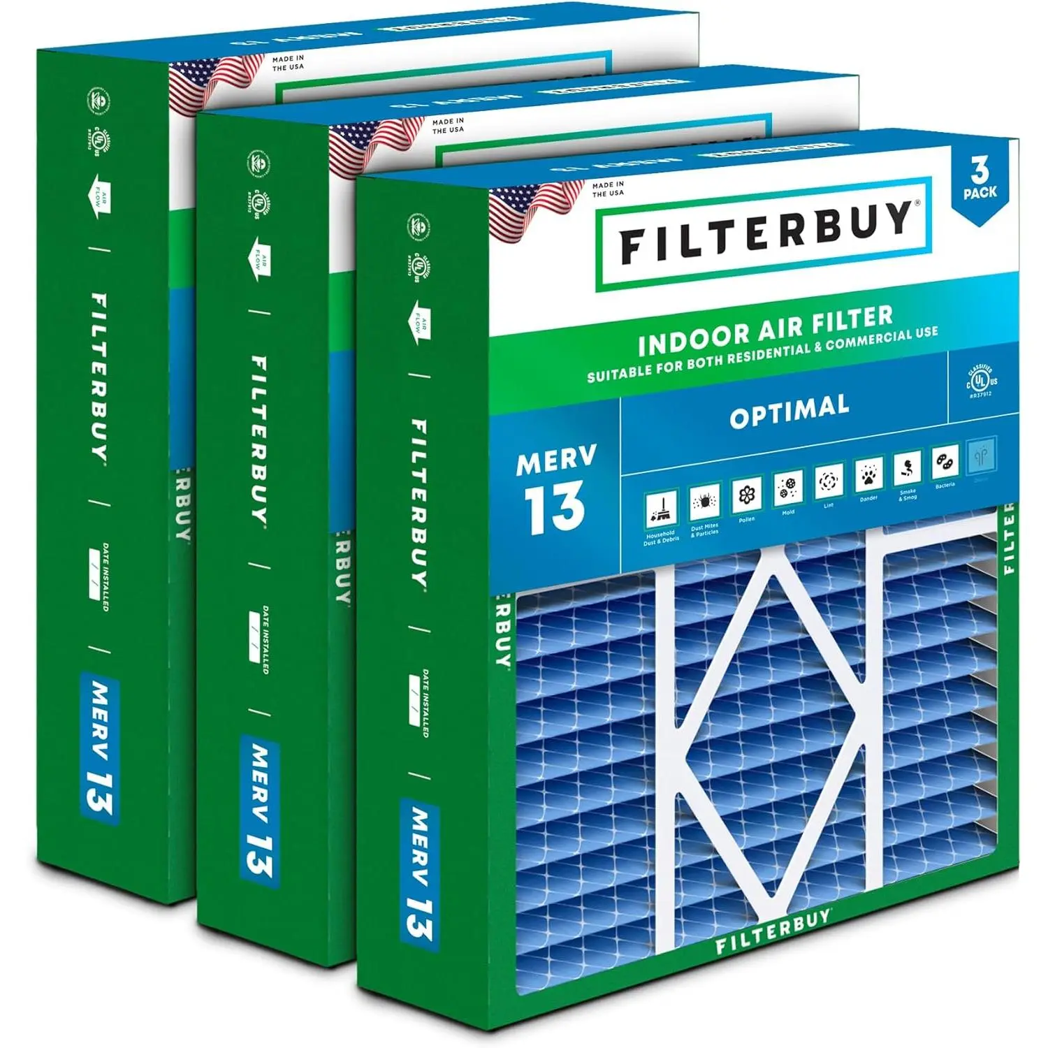 Filterbuy Rectangular 20x20x5 Eco-Friendly Air Filter (3-Pack), Pleated MERV 13 Rating HVAC AC Furnace Filter with Electrostatic Charge for Particle Capture, Compatible with Amana, Coleman, Goodman & More