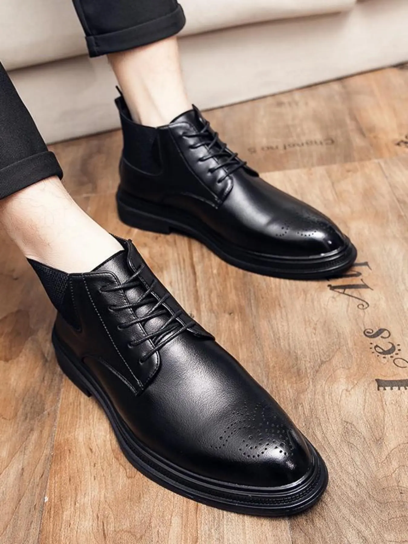 Men's Fashionable Brogue Decor Lace Up Dress Boots, British Style Footwear, Ankle Casual Boots, Casual Comfortable Pointed Toe Boots for Daily Wear, Business Style Boots for Party, Daily Clothing Decor, Walking Shoes