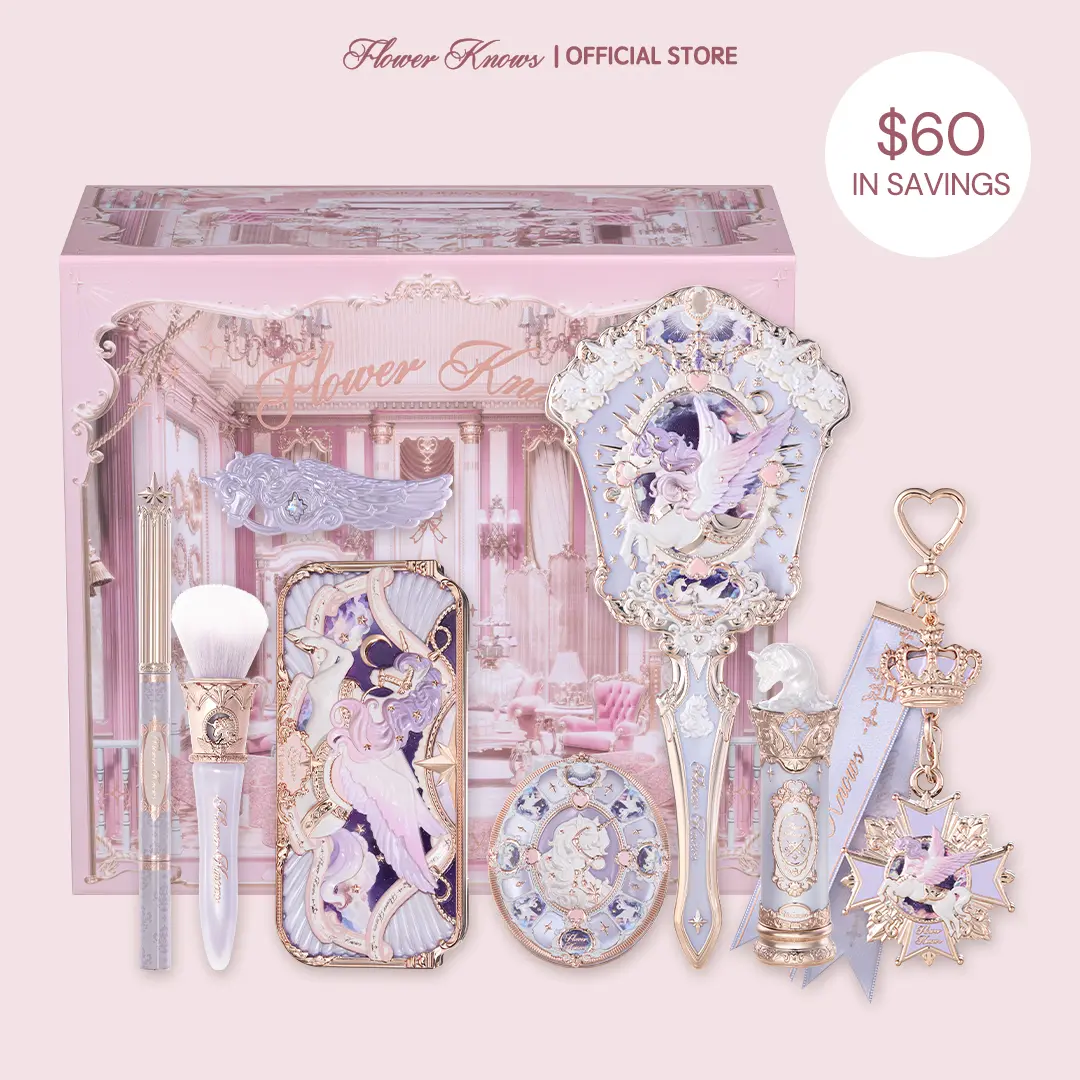 Flower Knows Celestial Bloom Set, 9 items from Knight Unicorn collection, full face set with eyeshadow, lipstick, blush, mirror and makeup tools
