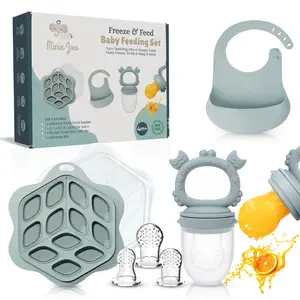 Minie Joo Baby Fruit Food Feeder Bib & Breastmilk Popsicle Molds for Teething Relief 3 Pack Set with Multi-Portion Freezer Tray Lid Adjustable Spill-Resistant Bib & 3 Pacifier Sizes
