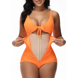 Women's Tummy Control Swimsuit One Piece Slimming Bathing Suit Cutout Tie Knot Front Plus Size Bathing Suits Full Coverage
