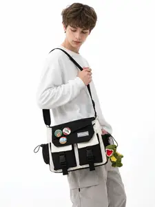 Black Cream Canvas Crossbody Bag for Women, Cute Shoulder Purse with Dinosaur Bag Charm, Decorative Pins, Front Buckle Pockets, Zipper Top, Lightweight Large Capacity Bag for College, Shopping, Travel, Halloween Outfit Gift