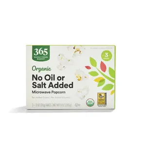 365 by Whole Foods Market, Organic No Oil or Salt Microwave Popcorn, 9 Ounce Snack Crispy