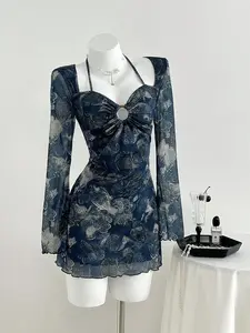 MALINDA Casual Paisley & Cashew Flower Pattern Fitted Short Dress Autumn