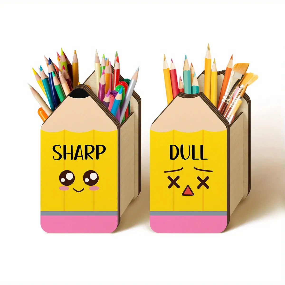 2Pcs Pencil Shaped Holder Wooden Pencil Dispenser, Pencil Slot, Pencil Shape, Cute Expression Pen Holders Back to School Dispenser Stationery Storage Organizer for Classroom Office Desk, Pen Holder, Desk Organizer Tidy, Aesthetic Office Supplies Organizer