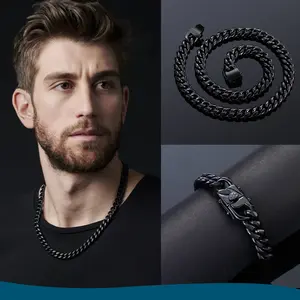 10mm Thick Cuban Link Chains for Men, Black Stainless Steel Necklace and Bracelet Set, Size Optional 7.5''-30