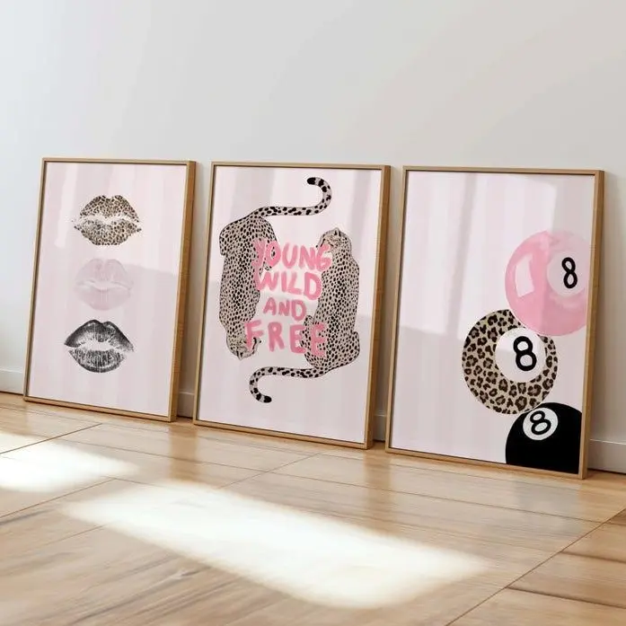 Set Of 3 Leopard Pink Coquette Dorm Decor, Cheetah Print Posters, Young Wild And Free Y2K Wall Art Prints Gallery Wall Art Trendy Aesthetic Lucky Poster Art