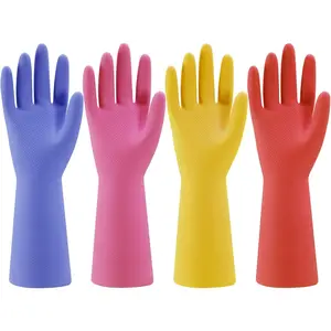 Rubber Kitchen Dishwashing Gloves - 4 Pairs Colorful Reusable Household Cleaning Gloves for Washing Dishes and Cleaning Tasks, Flexible Long-lasting and Non-Slip (Medium, Blue+Pink+Yellow+Red)
