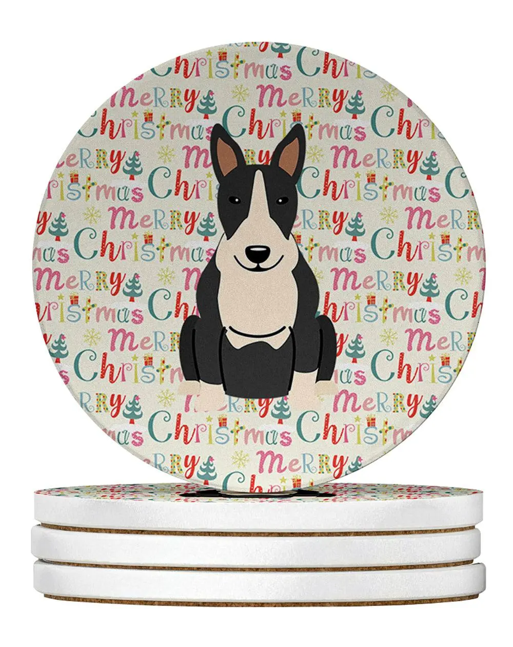 Printed Merry Christmas Black White Bull Terrier Large Sandstone Coasters Set of 4, Kitchen Tableware Placemats & Coasters Accessory