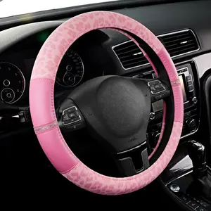 Comfortable Leopard Print Steering Wheel Cover - Made of PVC Leather, Cheetah Print - Non-Slip, Universal Size 14 1/ 2inch to 15inch - All Pink