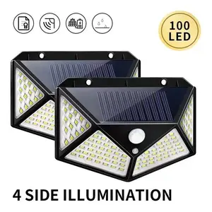 2PCS All-in-one Smart Outdoor Solar 100 LED Wall Light 3 Modes Lamp Waterproof Motion Sensor Security Sunlight Yard Induction Street Light Dusk Night Emergency Wall Lamp Outdoor light Step Flood Lights Motion-Sensor Floodlight Roof Lamps with Remote