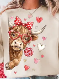 Retro Valentine Highland Cow sweatshirt/ shirt Women Long Sleeves Valentine Coquette shirt Valentine's Day gifts Howdy Valentine Love XOXO Heart Design Graphic XOXO Highland Cow Crewneck, Valentine Gifts