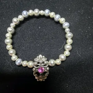 Vintage Silver Beads & Charm Stretchy Bracelet with Pink Gemstone Accent Jewelry