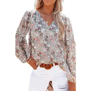 Flamingals Ditsy Floral Lantern Sleeve Notched Neck Blouse Womenswear