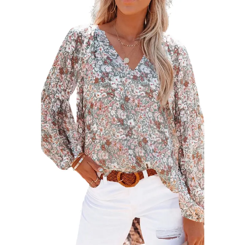 Flamingals Ditsy Floral Lantern Sleeve Notched Neck Blouse Womenswear