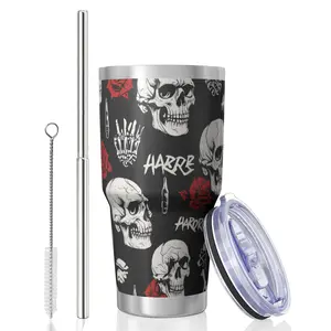 Skull 30 Oz Lce King Cup, Stainless Steel Top Bottom KeepsHot Cold Odor Free Slide Open Lid Flip Lid Suitable ForHome Office Outdoors Sports, Can Be Consumed DirectlyOr Used with a Straw, Skull Design I Stainless Steel Mug ,F_00009