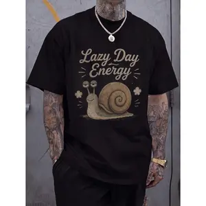 Lazy Day Energy Snail Graphic Tee Vintage Print, Cute Snail Cartoon Printed Tee Unisex, Casual Urban Vibe Soft Fabric, Retro Worn Look Funny Quote Relaxed Fit, Oversized Lounge Summer Shirt Cotton, Neutral Earth Tones Gift Idea Travel