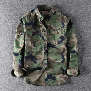 Washed camouflage tooling long-sleeved shirt men's double pockets versatile casual military youth top