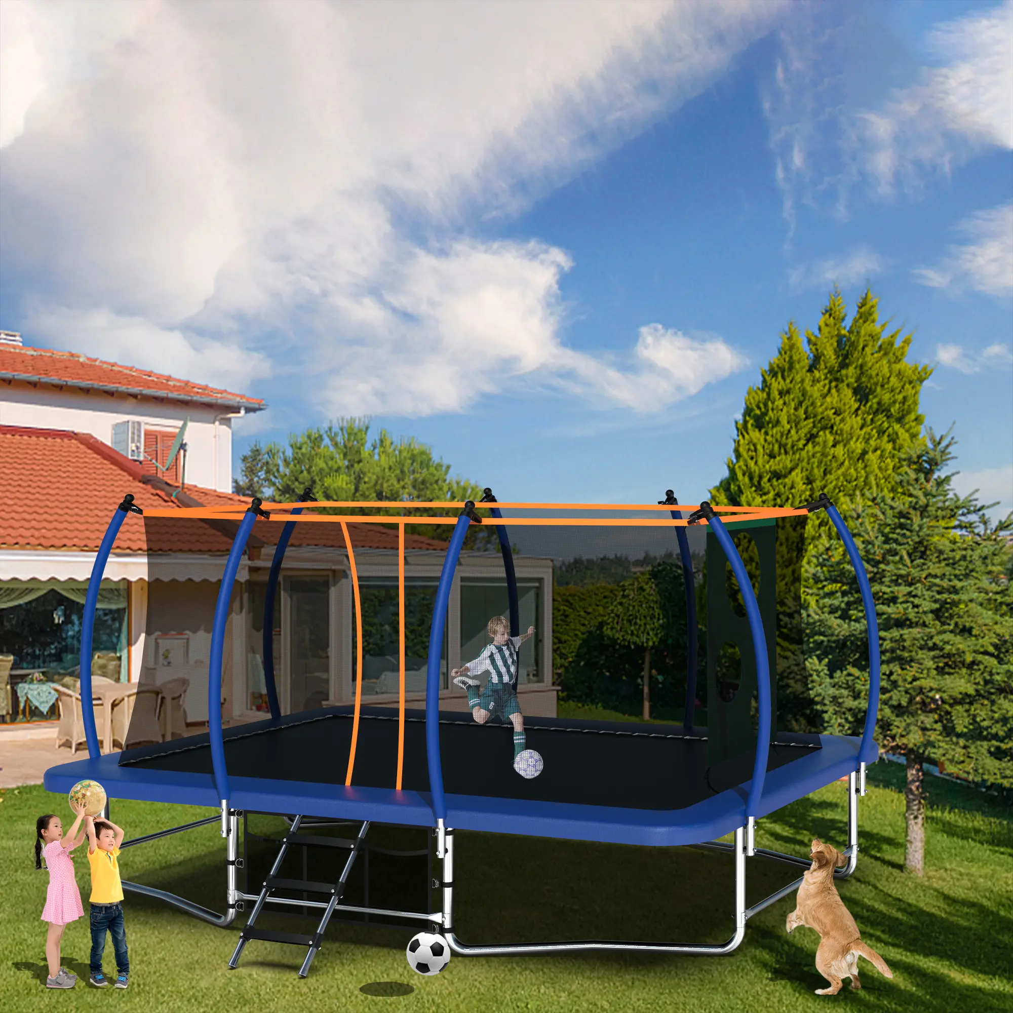 Mersco 10x16FT Large Rectangle Pumpkin Exercise Trampoline Jumping Bouncer, Kids' Outdoor Home Fitness Gear with Curved Steel Frame, Safety Net, Soccer Net, Storage Bag, Green & Blue Stable Fall Decor Gift