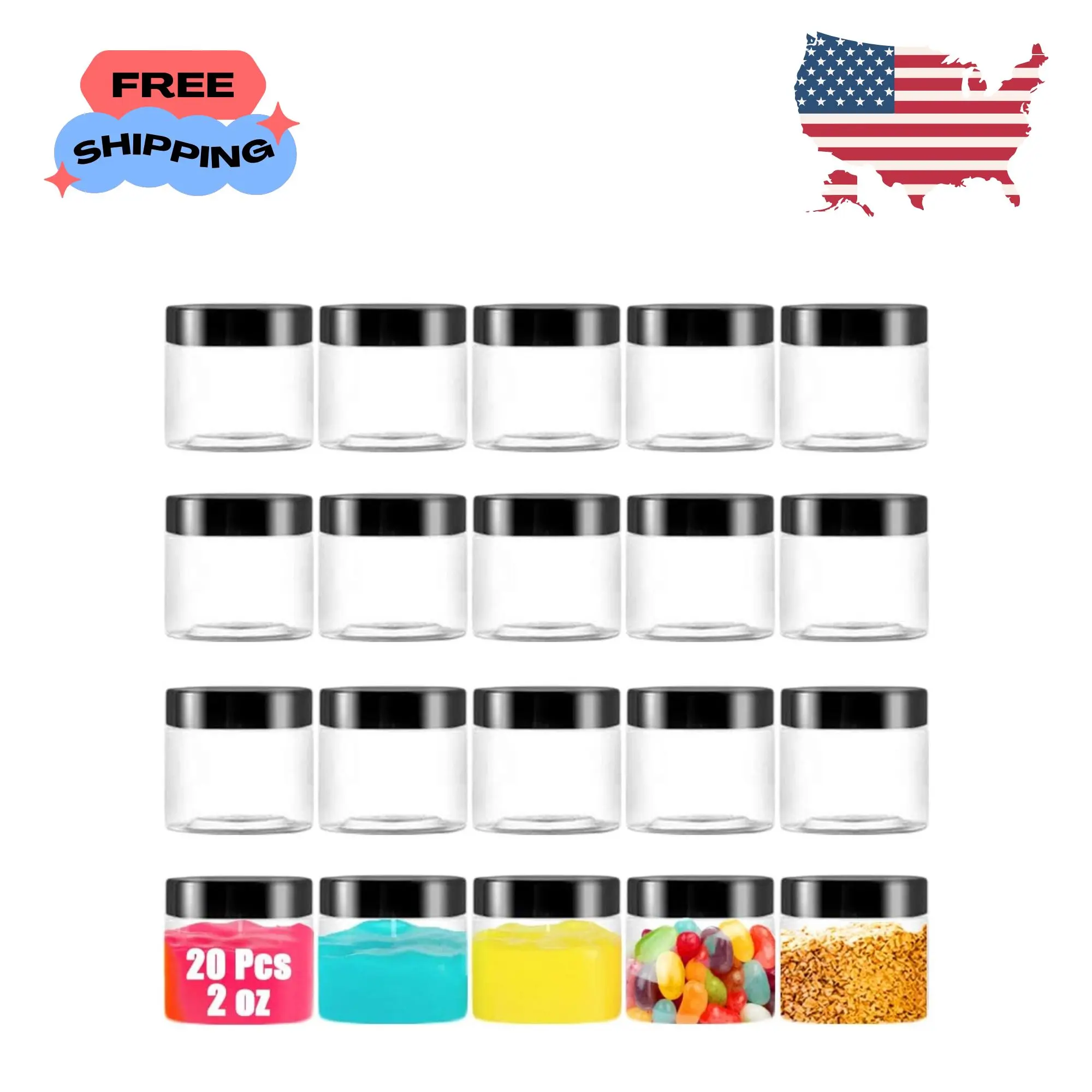 20 Pack 2 oz Clear Plastic Round Slime Containers Storage Jars with Black Lids