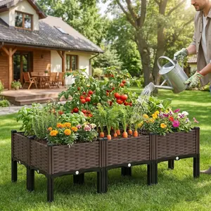 47" Elevated Raised Garden Bed, No-Bend Wicker-Look Planter Box with Drainage, Easy Assembly for Patio, Balcony & Backyard, Grow Vegetables Herbs Flowers