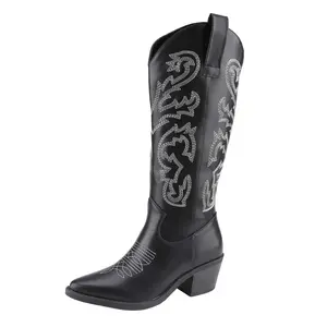 Belovely Unilady Cowgirl Boots with quad-stitch embroidery design, Pointed Toe Low Heel Pull On Westerm style Knee High Cowgirl Boot for Ladies Women Shoe Walking Shoes Cowboy Comfor fall boots for wide calfboots boots  for classic embroidery