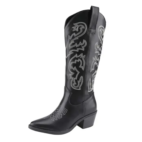 Belovely Unilady Cowgirl Boots with quad-stitch embroidery design, Pointed Toe Low Heel Pull On Westerm style Knee High Cowgirl Boot for Ladies Women Shoe Walking Shoes Cowboy Comfor fall boots for wide calfboots boots  for classic embroidery