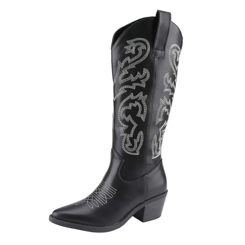 Belovely Unilady Cowgirl Boots with quad-stitch embroidery design, Pointed Toe Low Heel Pull On Westerm style Knee High Cowgirl Boot for Ladies Women Shoe Walking Shoes Cowboy Comfor fall boots for wide calfboots boots  for classic embroidery