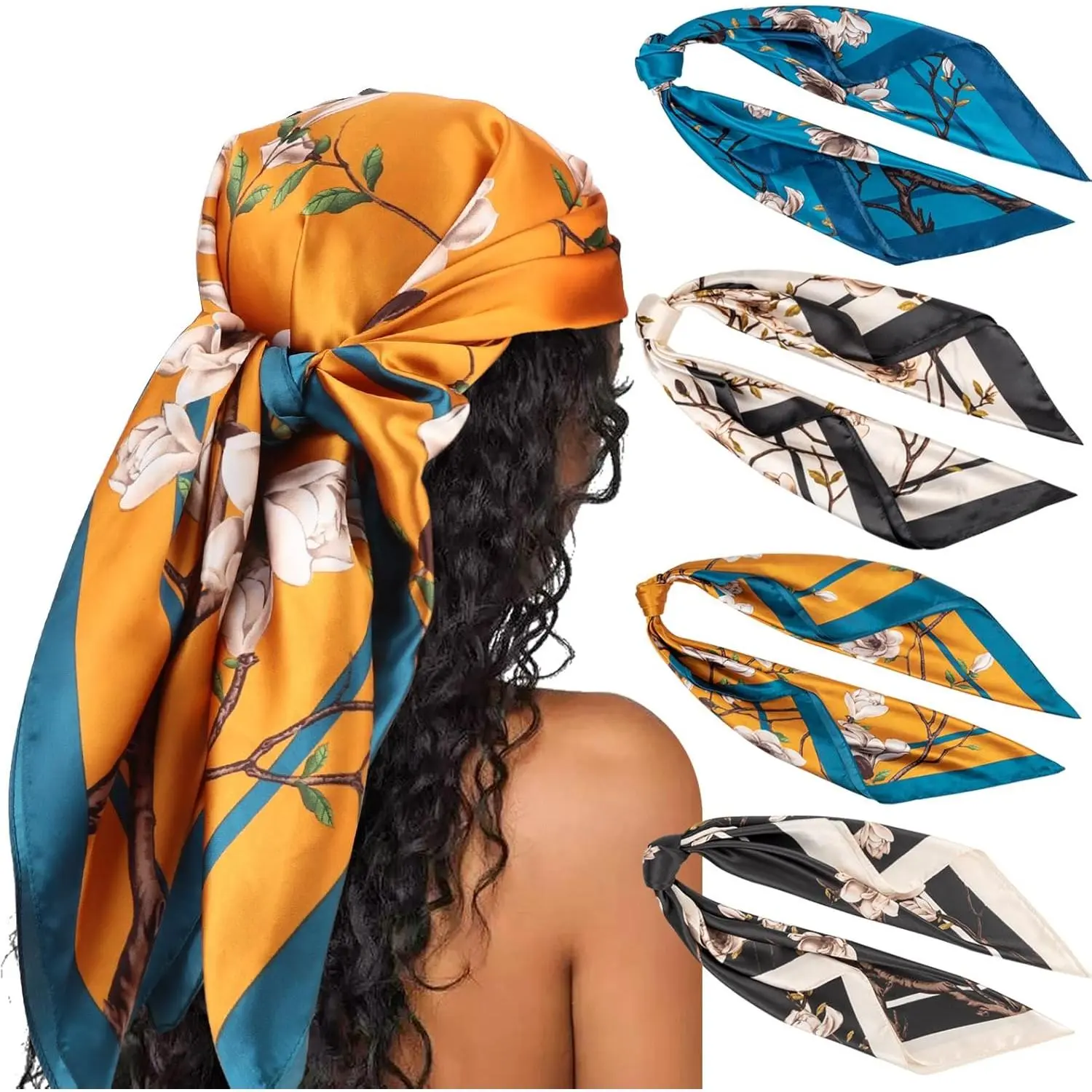 Women's HSA15 35in Large Square Satin Head Scarf - 4Pcs Silk Accessories, Classic Patterned Boho Style Scarves for Valentine's Day, Anniversary, Business Engagement, Memorial Day, Coworkers, Ceremony, School, Prom