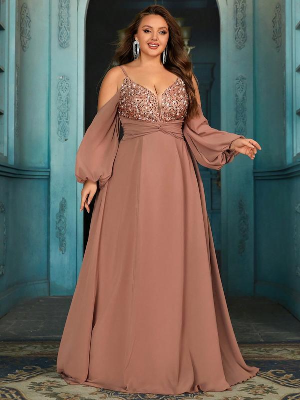 Women's elegant deep V-neck spaghetti strap sequin maxi dress,lantern sleeves chiffon dress, plus-size twisted waist A-line hem formal gown, holiday prom party dresses, wedding guest dresses, bridesmaid dresses,Champagne Color upscale cocktail dress