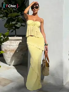 Women's Solid Blackless Tube Top & Ruffled Bodycon Skirt Set, Matching Casual Fashion Cozy Knit Two-piece Outfits for Daily Holiday Vacation Wear, Ladies Clothes for Summer Easter