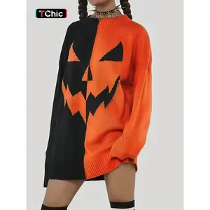Halloween Ghost Pumpkin Colorblock Long Sleeve Pullover Sweater, Lazy Style Knit Top, Round Neck Retro Loose Casual Sweater
