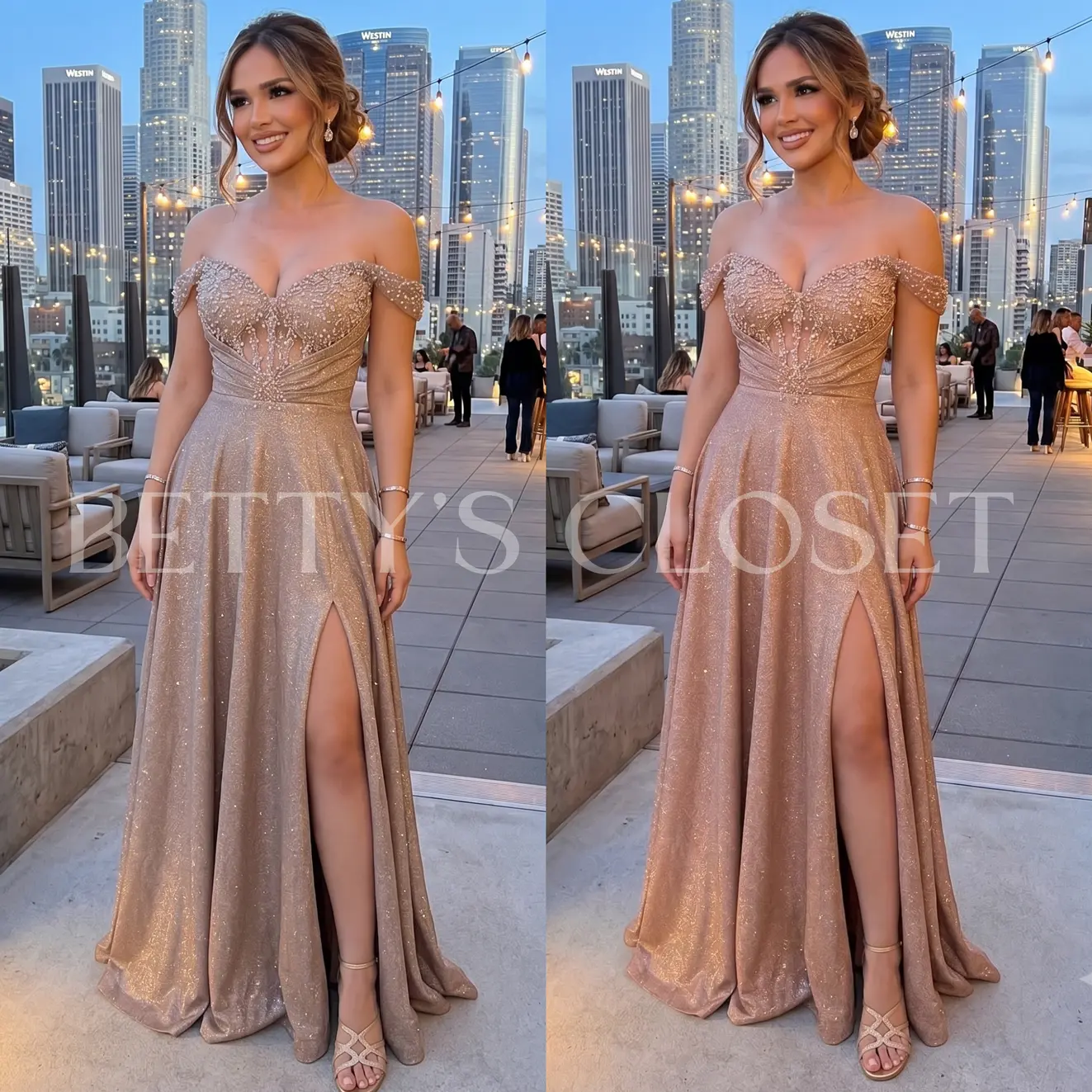 Damaris Off Shoulder A-Line Glitter Gown