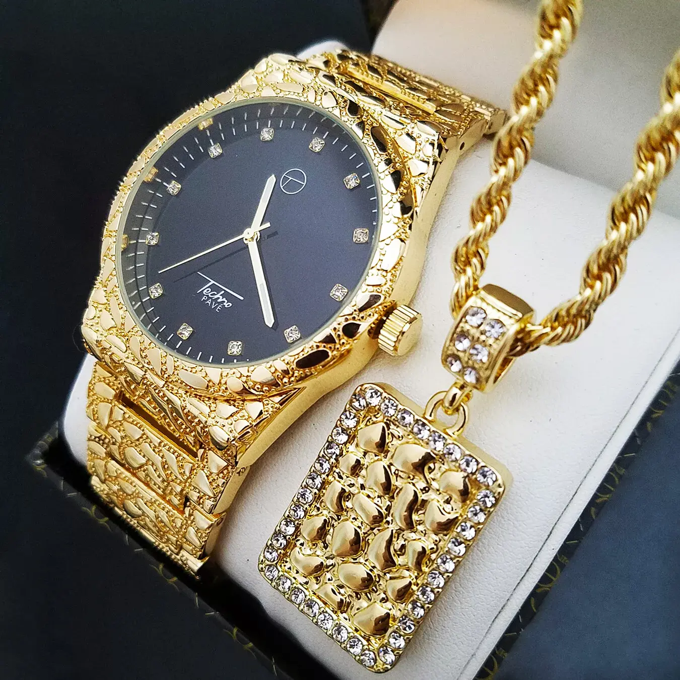 MaxBling81 Men's Hip Hop Golden Nugget Watch & Necklace Set - Gold Plated Round Analog Quartz Watch with Adjustable Links & 24" Rope Chain, Batteries, Waterproof Watch