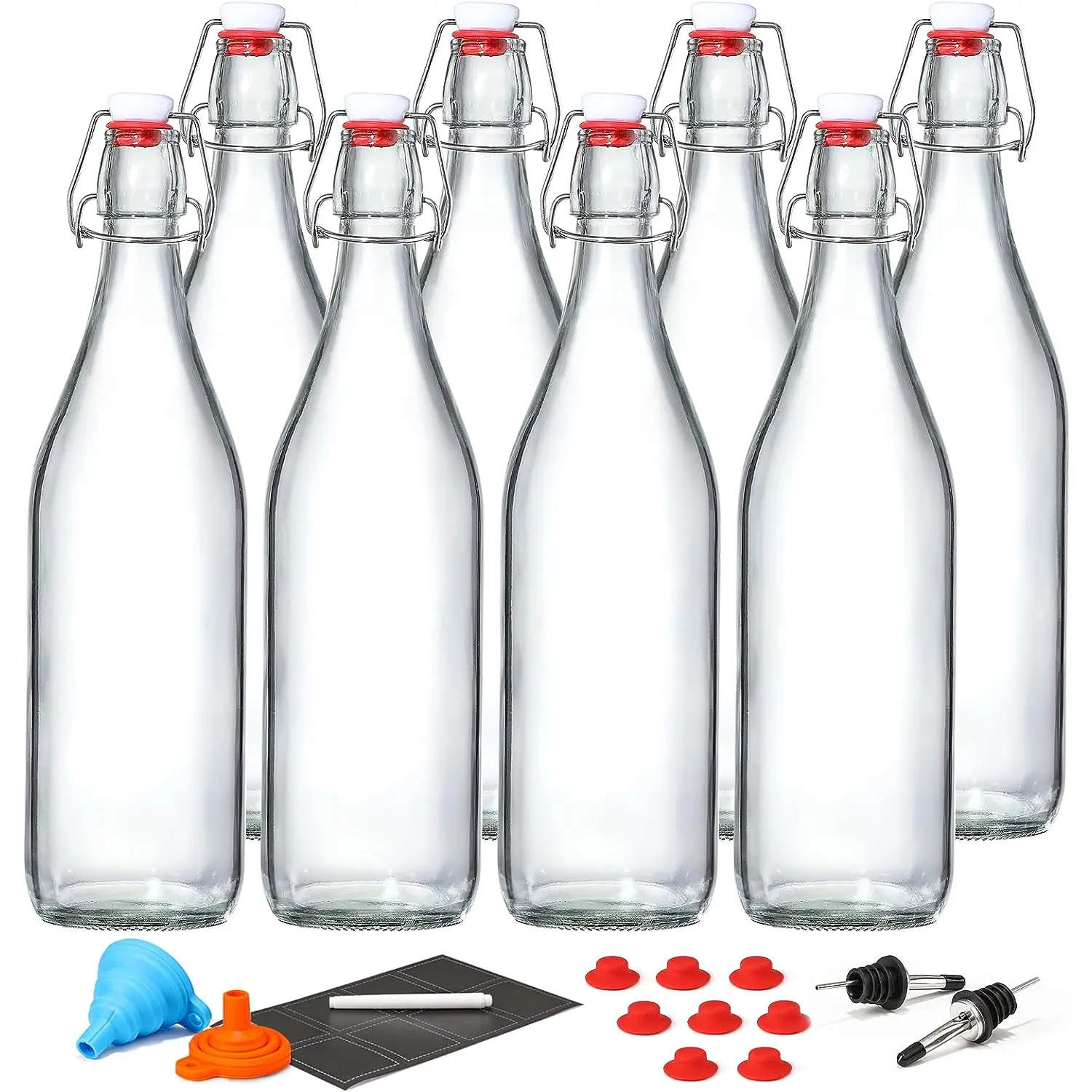 8 Pack [1 Liter / 33 Fl. Oz.] Swing Top Glass Bottles W/ Airtight Stopper Lids – Flip Top Brewing Bottle for Fermentation, Kombucha, Mead, Vinegar, Beer, Kefir, Wine – with 8 Extra Seals & 2 Pourers AOZITA